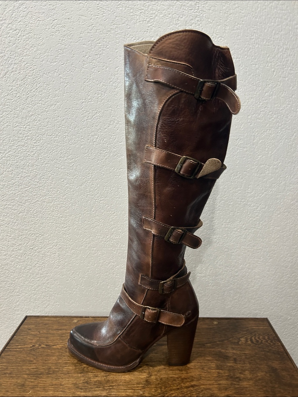 Bed Stu Cobbler Series Brown Leather Knee-High Buckle zipper Heeled Boots 8.5